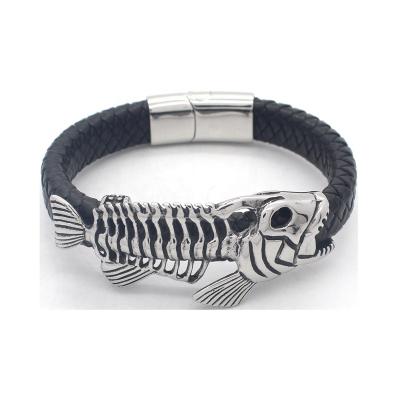 China FASHIONABLE Wholesale Charm Animal Men's Fish Bone Leather Bracelet for sale