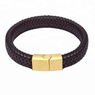 China FASHIONABLE Punk Stainless Steel Magnetic Closure Jewelry Mens Black Woven Leather Bracelet for sale