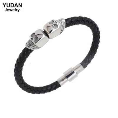 China Hot Sale Stainless Steel Men's Skull Leather Bracelet for sale