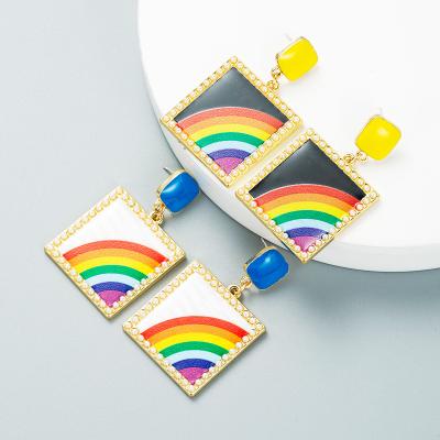 China Aretes 2022 Wholesale Fashion Painted Rainbow EH21103 Square Alloy Pearl Drop Earrings Women Jewelry TRENDY for sale