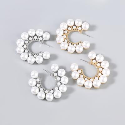 China EH21103 ZA FASHIONABLE Hot Selling Double C-shape Pearl Circle Earrings Women Fashion Lady Jewelry 2022 Aretes Wholesale for sale