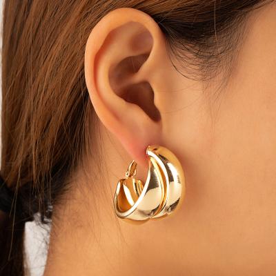 China Trendy Trendy EH21063 Double Gold Alloy Circle Plated Hoop Earrings For Women 2022 Fashion Jewelry Custom Wholesale Aretes for sale