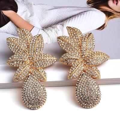 China New FASHIONABLE Long Gold Metal Flower Crystal Dangle Drop Earrings Rhinestone Jewelry Accessories For Women for sale