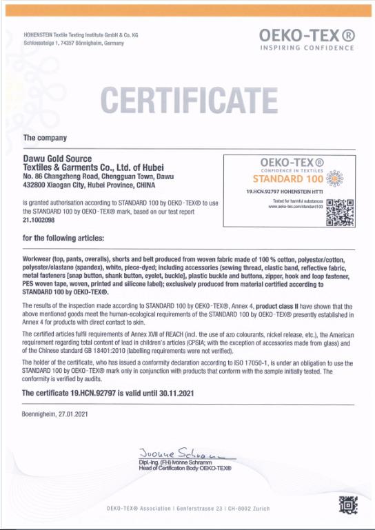 Oeko-Tex standard 100 - Hubei Gold Source Dawu Textiles & Garments Co., Ltd.