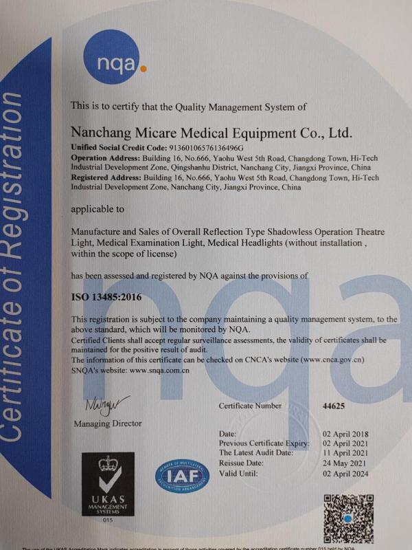 ISO13485 - Nanchang Micare Medical Equipment Co., Ltd.