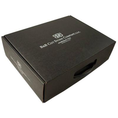 China Recycled Materials Matte Black Paper Corrugated Cardboard Box With Plastic Handle for sale