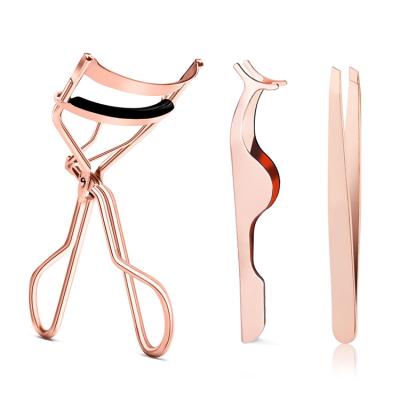 China Recycle Stainless Steel Customized Rose Gold Tweezers and Eyelash Curler Kit Eyelash Curler Set with Applicator and Tweezers for sale