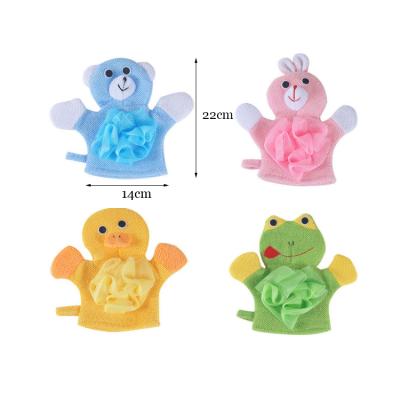 China Exfoliate Custom Design Animal Shower and Bathe Scrub Loofah Sponge Exfoliating Scrubber Baby Bath Glove Gloves for Kids Bath Toy for sale