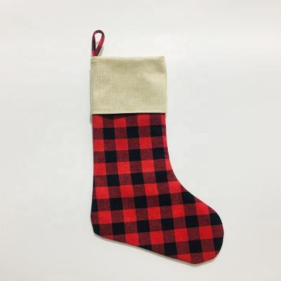 China SUNJOY Christmas Decoration Blank Sublimation Eco-Friendly and Reusable Christmas Stockings Hanging Plaid Burlap Christmas Stockings Bulk for sale