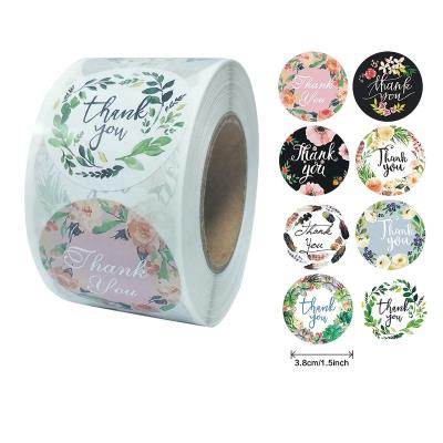 China Waterproof 1.5 inch Custom Floral Pattern Design Thank You Sticker Nice Cute Custom Paper Wrapping Sticker Roll for sale