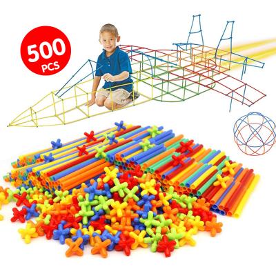 China Indoor Outdoor Building Kit Educational Engineering Toys Fort Building Kit Fort Tube Blocks 500 PCS Straw Constructor Interlocking Toy Bricks for sale