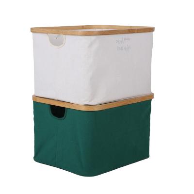 China New Fashion Viable Rectangle Cloth Basket Storage Bin Folding Cube Canvas Tissue Storage Box Basket For Orqanizer With Bamboo Ring for sale