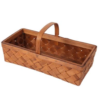 China Europe Natural Handmade Rectangle Woven Baskets Brown Stripes Wooden Gift Baskets Chips Storage Basket With Handles for sale