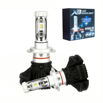 China Auto Fanless Car LED Bulbs X3 50W 12000 Lumen H1 H3 H4 H7 H13 9005 9006 LED Headlight Wrangler for sale