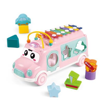 China Educational Music Cartoon Toy for Kids Musical Instruments Train Matching Blocks Piano Toy Baby School Bus Musical Toy for sale