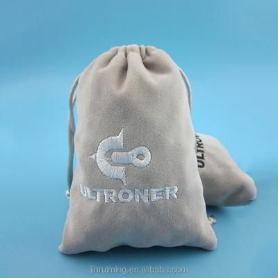 China Gray Double Velvet Drawstring Pouch made to order recyclable with embroidery logo for sale