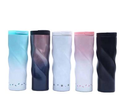 China Durable Double Wall Stainless Steel Thermos Gradient Color Bottle Coffee Cup Insulated Spiral Pattern Insulated Automatic Mugs for sale