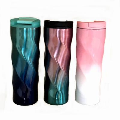 China Sustainable Gradient Color Spiral Pattern Vacuum Insulated Bottle Double Wall Milk Cup Stainless Steel Travel Mug for sale