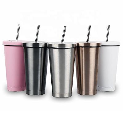 China Popular Stainless Steel Tumblers Wall Insulation Double Stocked Coffee Mugs Wine Tumbler With Metal Straw for sale