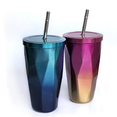 China New Viable Arrive Diamond Design Surface Stainless Steel French Vacuum Travel Press Coffee Mug Tumbler With Straw for sale