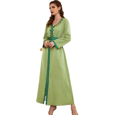 China High Quallity New Grass Green Fashion V-neck Splice Ribbon Long Slim Dress abaya for sale