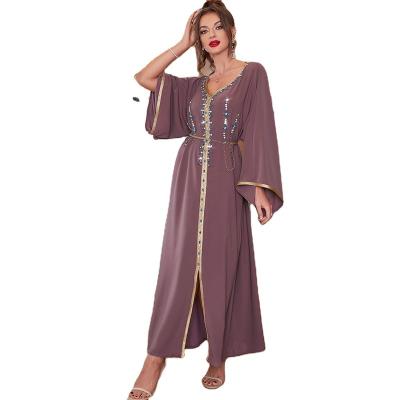 China High Quallity New Spinach Root Color Hand Sewn Diamond Southeast Asia Women Dress Dubai Tourism New Sleeve long Dress for sale