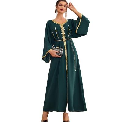 China High Quallity New Dark Green Dubai Arabian Point Diamond Evening Dress Long Sleeve Moroccan Kaftan Evening Dress Muslim Dress for sale