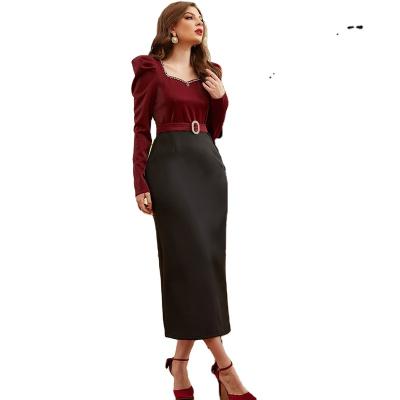 China High Quallity Islamic shrugged wine red black patchwork slit skirt abaya for sale