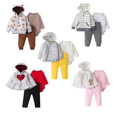 China Amazon Sale Hot Autumn Striped Cartoon Trousers Hooded 3Pcs Newborn Baby Clothes Set Infant Toddlers Clothes Anti-Shrink for sale