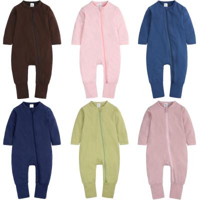 China Autumn Baby Clothes Toddler Girl 100% Cotton Plain Zipper Sleepsuit Romper Solid 100% Cotton Pajamas for sale