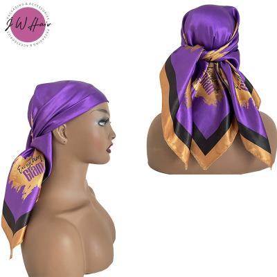 China Wholesale Factory Digital Print Custom SQUARE LOGO Satin Scarf Luxury Silk Wig Scarf for sale