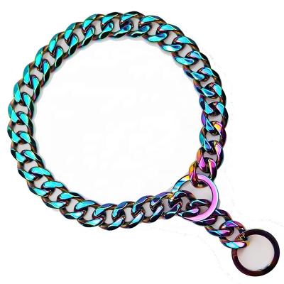 China Stocked Luxury Adjustable Stainless Steel Dog Choke Chains Cuban Link Ring Chain Rainbow Dog Collar for sale