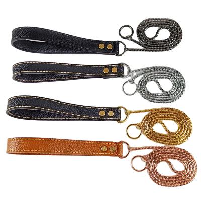 China Wholesale Custom Pet Chain Choke Dog Leash Stocked Copper Chain With Leather Handle 4 Colors for sale