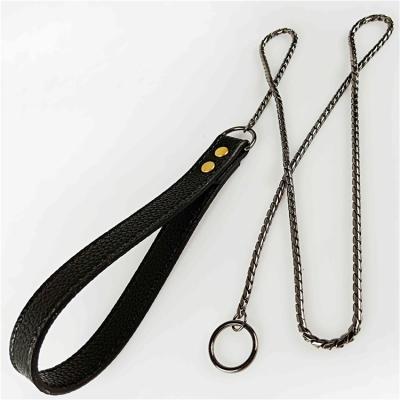 China Stored Convenient And Simple Training Dog Chain With Leather Handle Pet Collar Accessories for sale