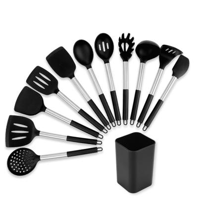 China Sustainable 12 Pieces Silicone Kitchen Tools With Stainless Steel Handle Silicone Kitchen Utensil Sets With Rack for sale