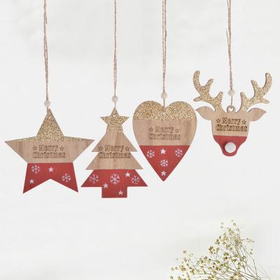 China Multishaped Laser Cut Wooden Christmas Tree Decoration Glitter Wood Hanging Ornament for sale