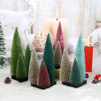 China Plastic+wood Mini Pine Artificial Trees With Base Sisal Wood Trees Bottle Brush Trees Matched Color For Christmas Decoration for sale