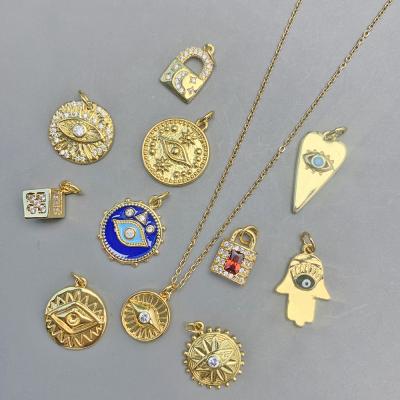 China TRENDY Fashion Gold Pendant Charms Hot Sale 18k Gold Plated Jewelry CZ Zircon Evil Blue Eyes Lock Hand Charms For Making Jewelry for sale