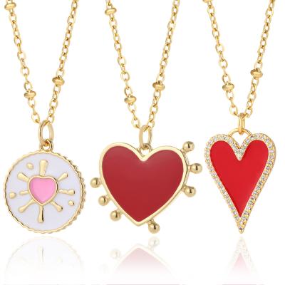 China TRENDY Non Tarnish 18k Plated Necklace Red Enamel Heart Charm Necklace Zircon Accessories Fashion Necklace 2021 Trendy for sale