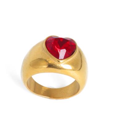 China TRENDY Vintage Jewelry 18K Gold Plated Stainless Steel Chunky Red Heart Love Zircon Gemstone Ring for sale