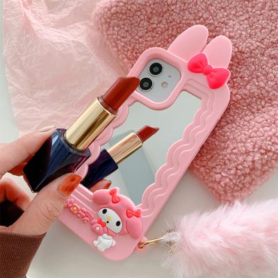 China 3d Cartoon Silicone Shockproof Pink Rabbit Shaped Luxury Mobile Cell Phone Cover Bag And Cases With Mirrors For iPhone X Pro Set 11 12 13 Max for sale