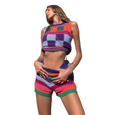 China QUICK DRY 2022 fashion women ready to ship knitted women sweater set color blocking crop tops+shorts sets summer 2 pieces set women for sale