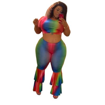 China Size XL-5XL Women's Plus Size Rainbow Set Short Sleeve Top Ruffles Flare Pants Fit Sexy Tracksuit Fitness Two Piece Set Outfit for sale