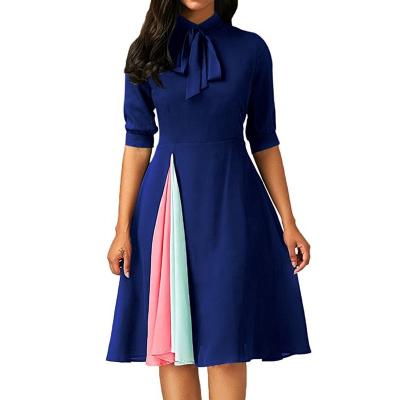 China Anti-Static New Vintage OL Style Work Office Blue Dress Half Patchwork Casual Summer Sheath O Neck Women Line Dresses for sale