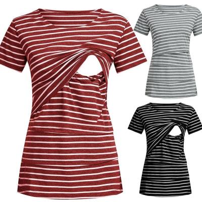 China 2020 New Arrival Breathable Home Short Sleeve Striped Breastfeeding Tops T-shirt Maternity Nursing Clothes for sale