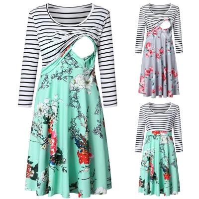 China Anti-Allergy Maternity Nursing Dress Breastfeeding Quilting Clothing Casual Stripe Printing Dress for sale