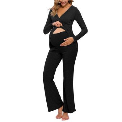 China Wholesale Fashion Solid Color QUICK DRY Splicing Maternity Women Cotton Pajamas Sets Mother Multifunctional Long Sleeves Pantsuit for sale