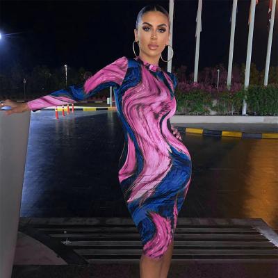 China 2021 Spring Anti-Static Women's Clothing Fashion Dresses Women Sexy Long Sleeves Printed Bodycon Style Dress for sale