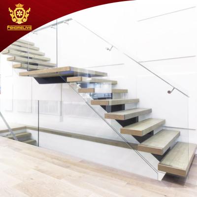 China Modern Prefab Modern House Wood Floating Wooden Staircase Frameless Wooden Enclosure Straight Stairs for sale