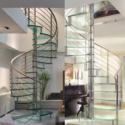 China 2019 Popular Indoor Circular Staircase Design Double Stringer Modern Spiral Staircase Laminate Stair Treads With Glass Railing for sale